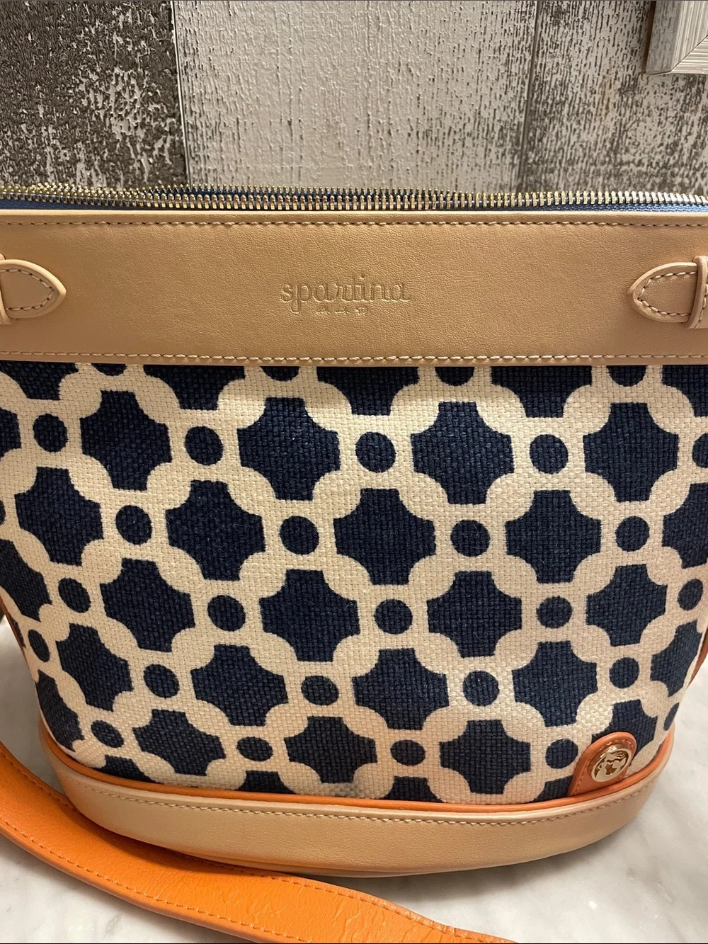 Spartina 449 Navy, Tan & Orange Geometric Crossbody